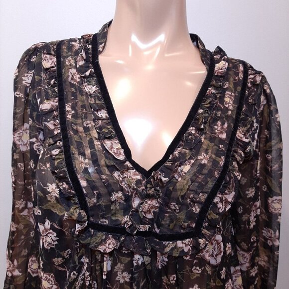 Zara Sheer Floral Blouse Womens Size Medium Black Long Sleeve Boho Peasant Top - Picture 8 of 16
